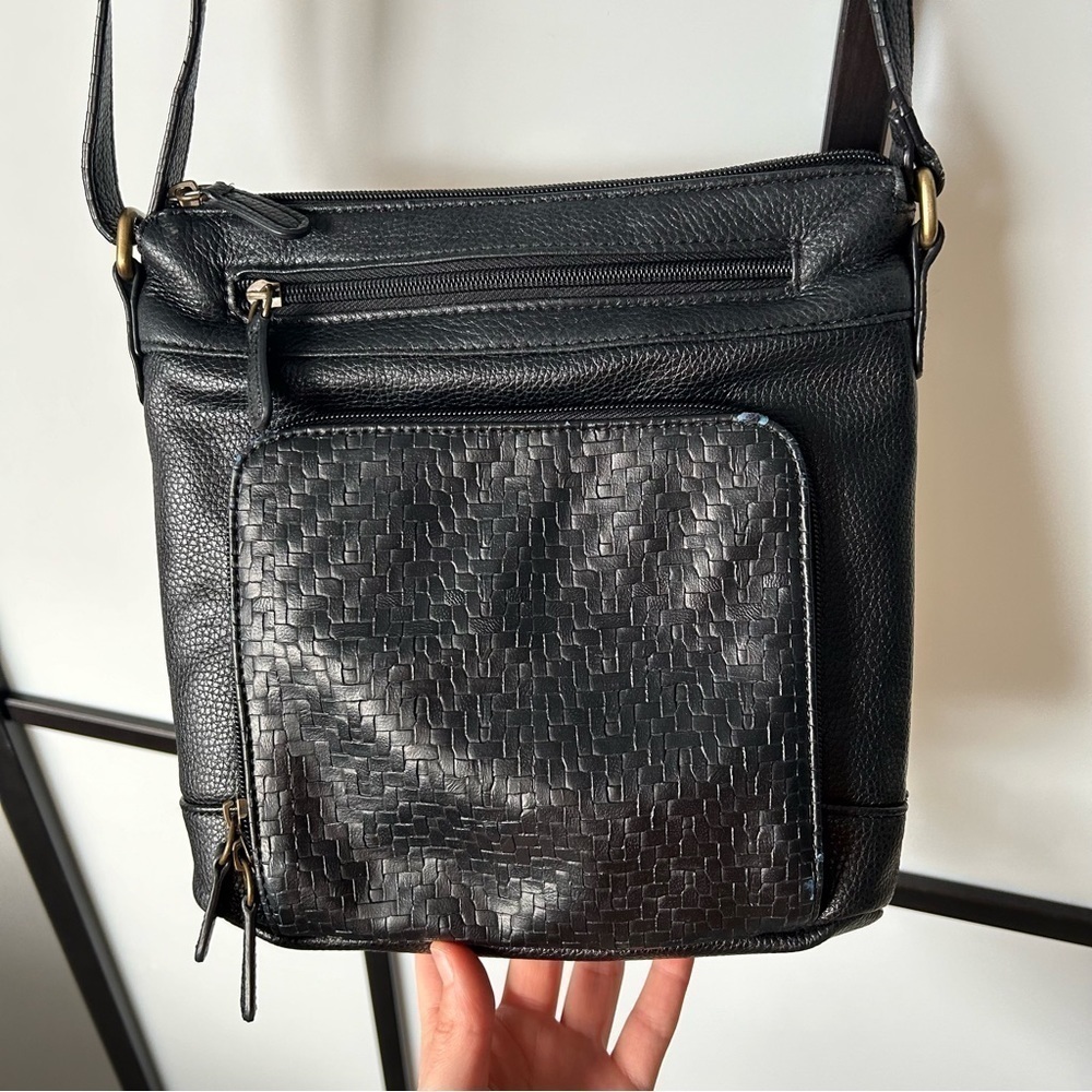 Giani Bernini Italy Crosshatch Black Leather Satchel Shoulder Bag Multi-Pocket